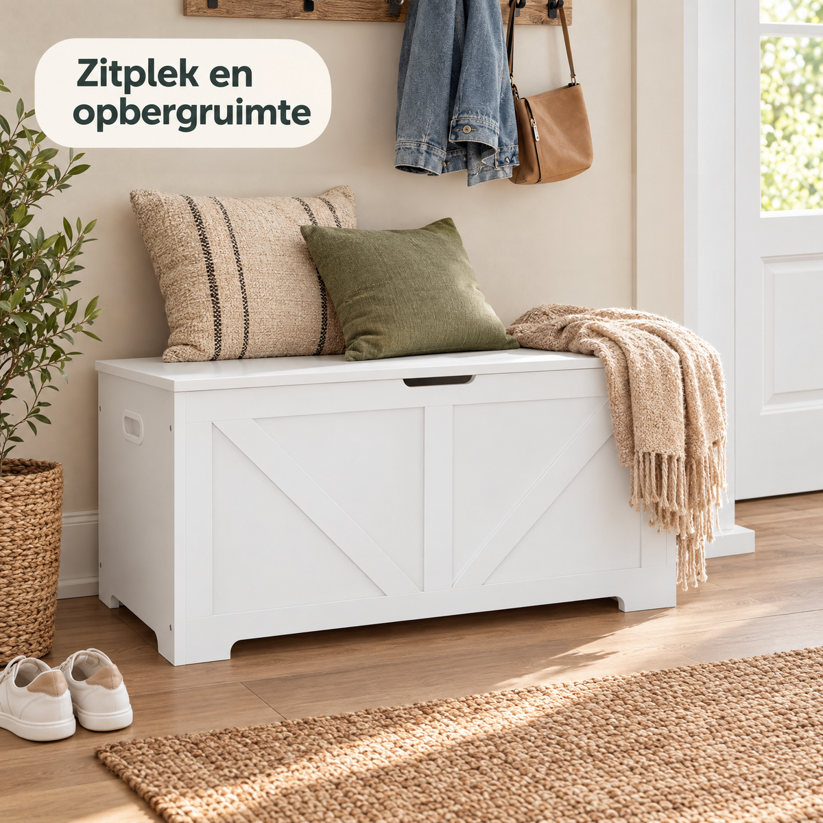 Witte BukkitBow opbergbank met veiligheidsscharnieren, 76 liter opbergruimte, 100x47x40 cm, geschikt voor thuisgebruik.