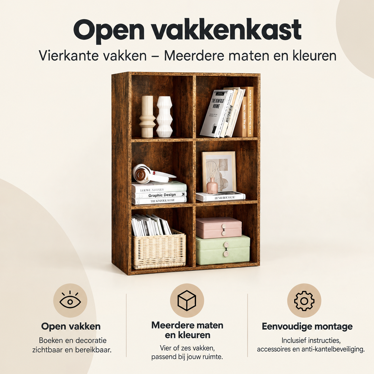 Overzicht van open vakkenkast met de belangrijkste productvoordelen