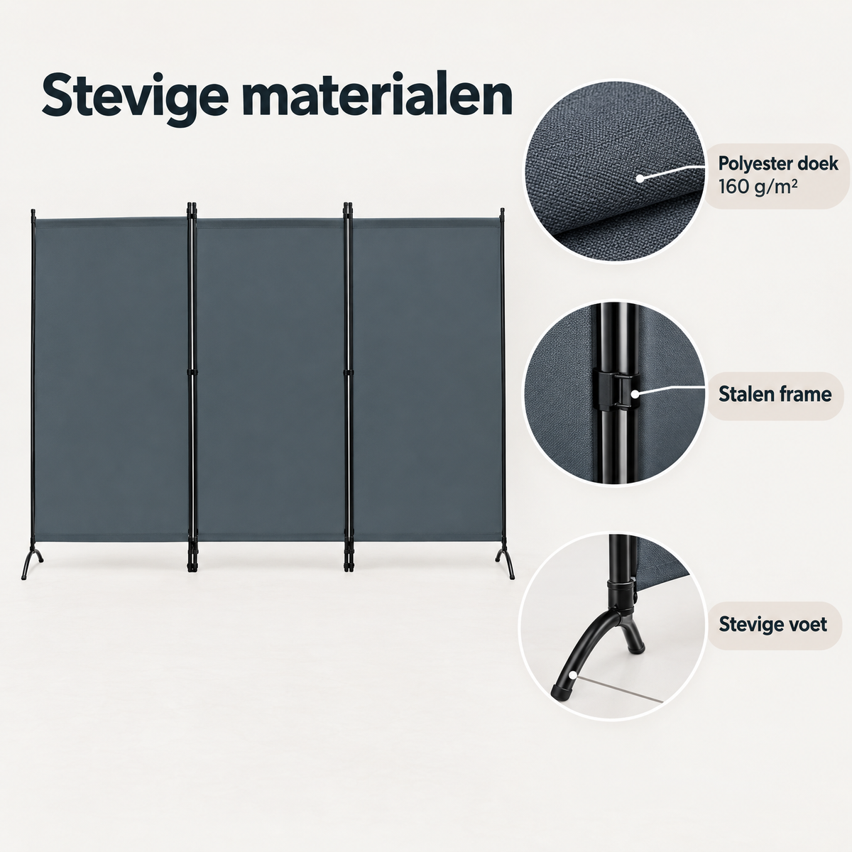 Opvouwbaar kamerscherm van BukkitBow met drie panelen en stalen frame, geschikt voor binnen en buiten, flexibel en lichtgewicht.