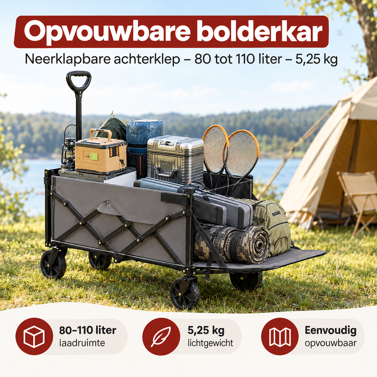 Opvouwbare bolderkar van BukkitBow met neerklapbare achterklep, 80-110 liter inhoud en lichtgewicht design, geschikt voor transport.