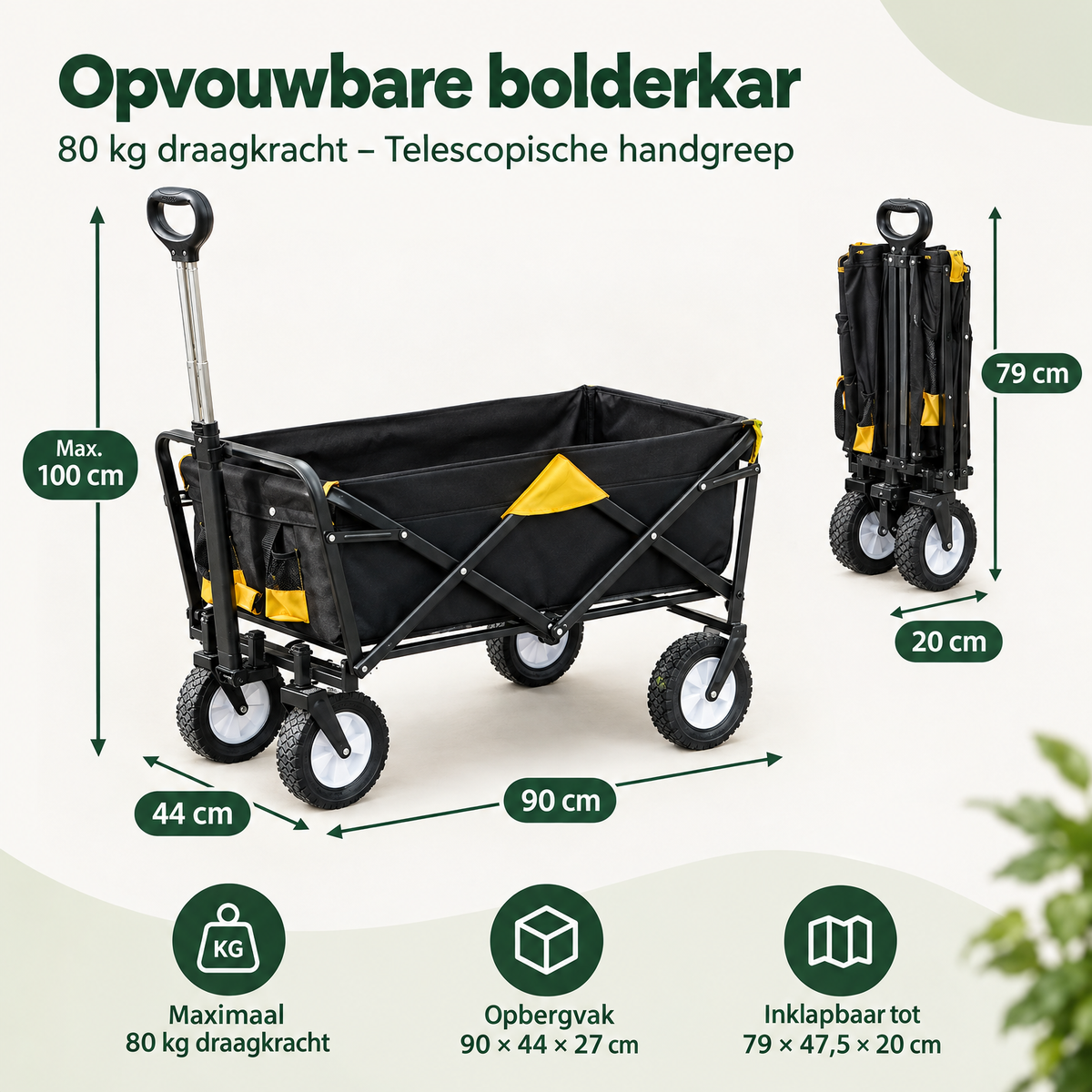 Afmetingen en productspecificaties van opvouwbare bolderkar