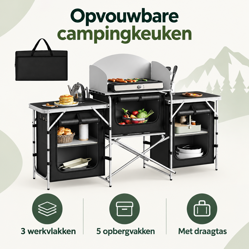 Overzicht van opvouwbare campingkeuken met de belangrijkste productvoordelen