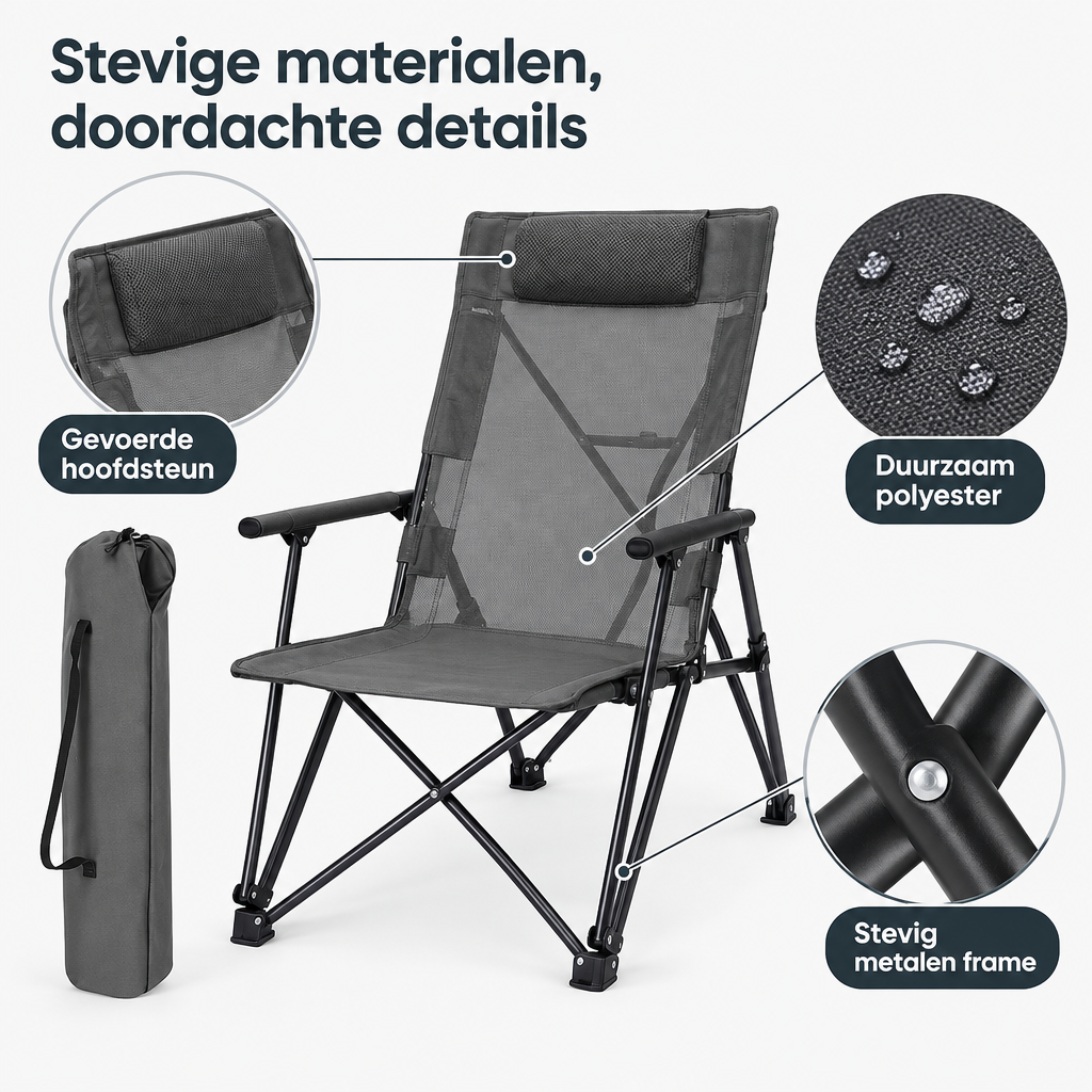 Detail van materiaal en afwerking van opvouwbare campingstoel