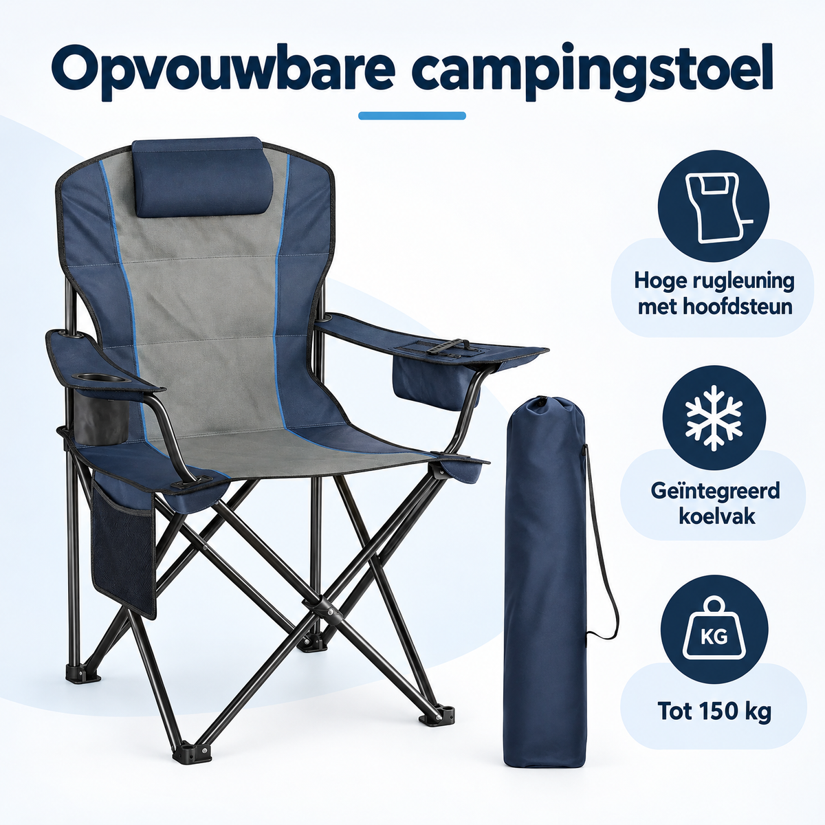 Overzicht van opvouwbare campingstoel met de belangrijkste productvoordelen