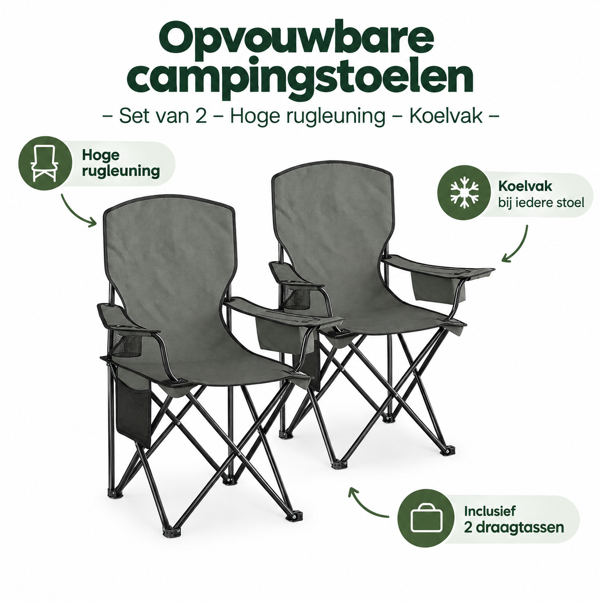 Set van 2 opvouwbare campingstoelen met hoge rugleuning en koelvak, ideaal voor camping en outdoor gebruik.