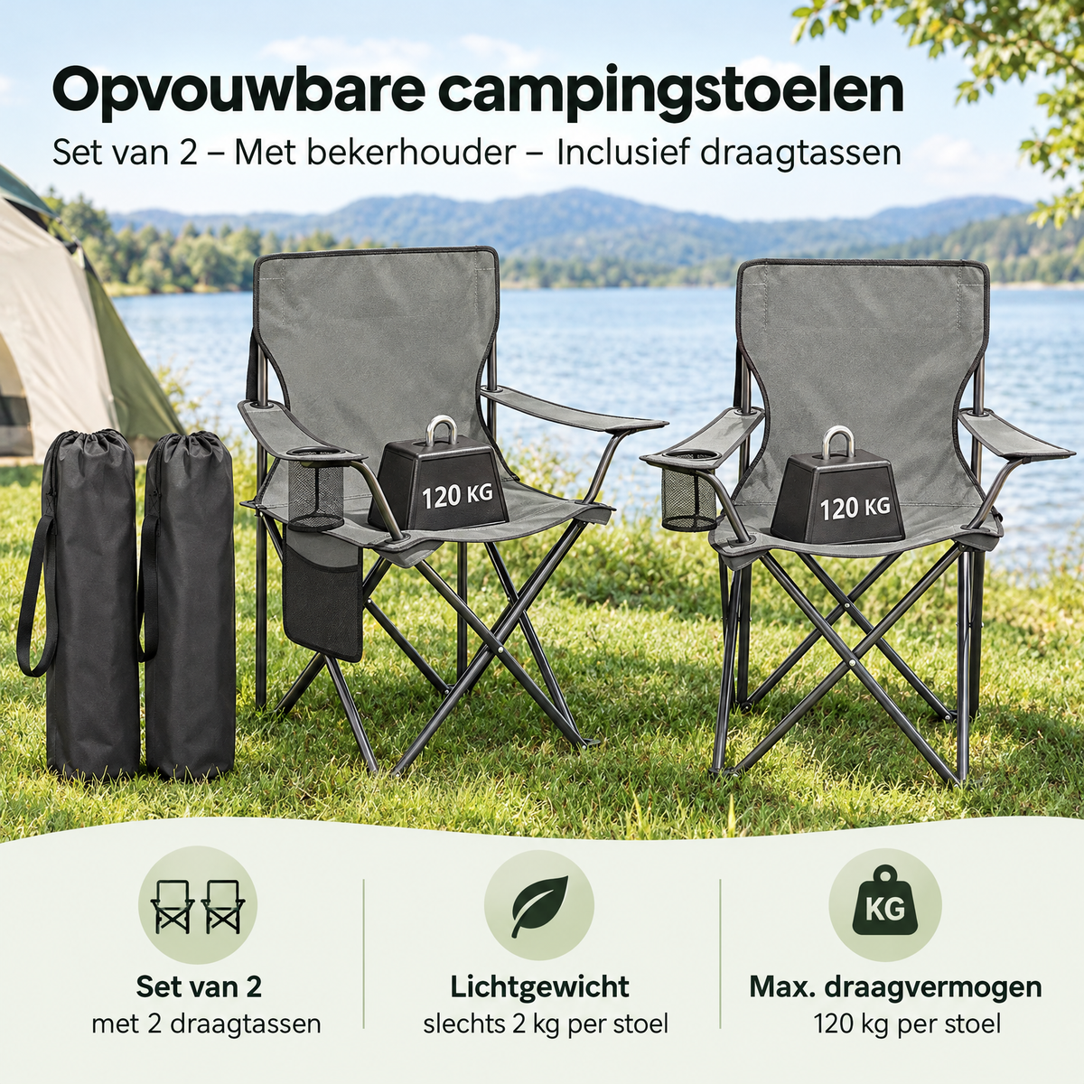 Set van 2 opvouwbare campingstoelen van BukkitBow met bekerhouders en draagtas, ideaal voor kampeerplezier.