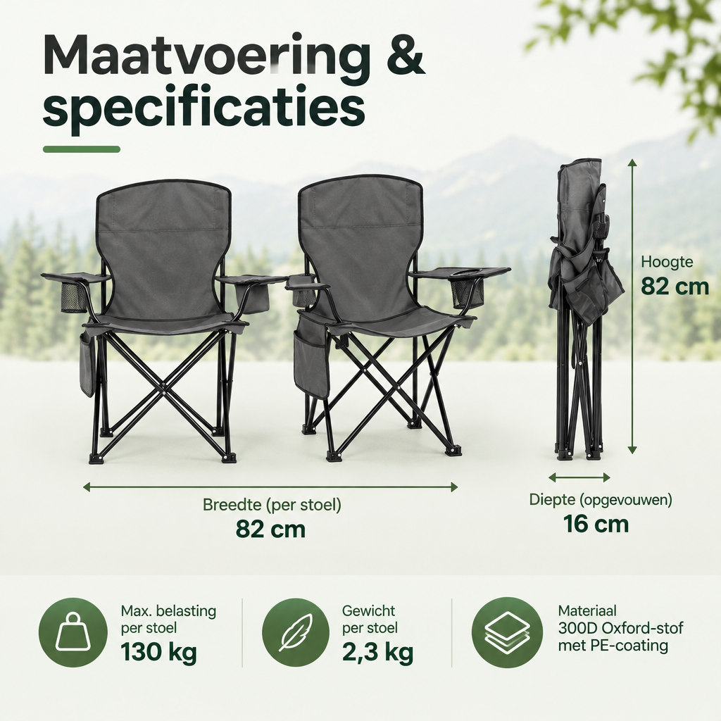 Afmetingen en productspecificaties van opvouwbare campingstoelen set van 2