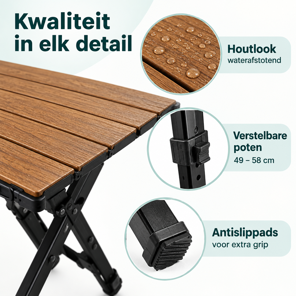 Opvouwbare campingtafel van BukkitBow met houtlook, verstelbaar in hoogte van 49 tot 58 cm, 92 x 60 cm, geschikt voor kamperen.
