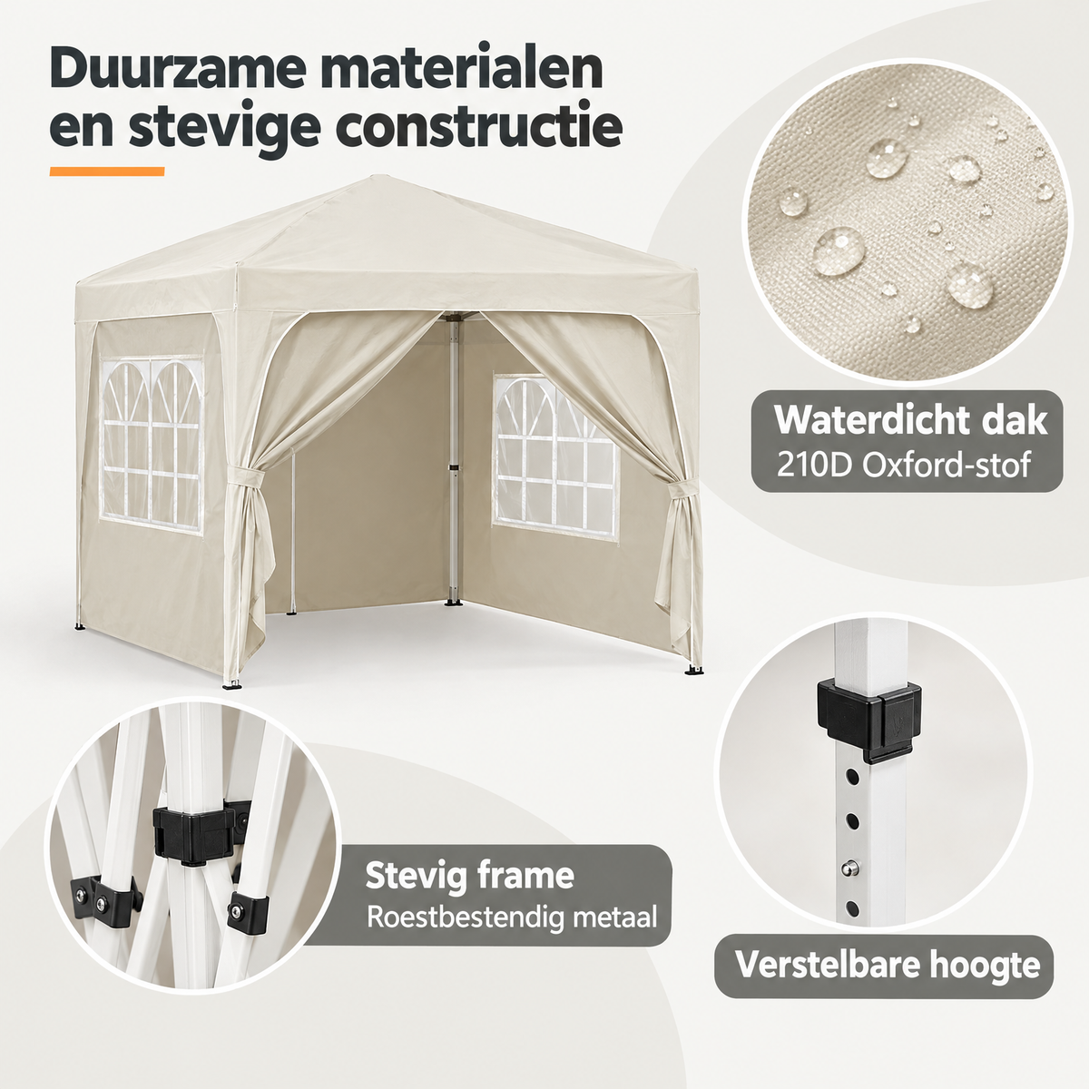 Detail van materiaal en afwerking van opvouwbare partytent 2x2