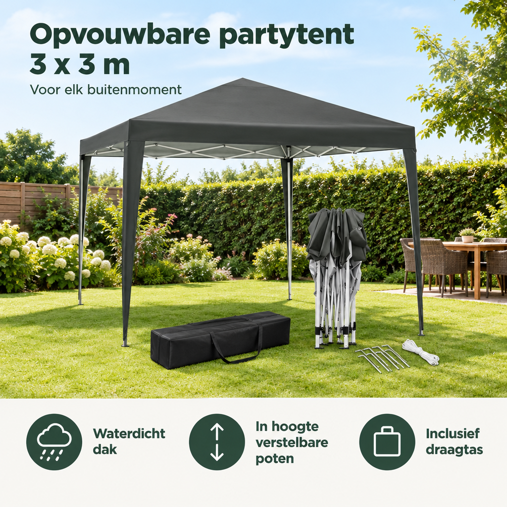 Praktische toepassing en keuzehulp voor opvouwbare partytent 3x3