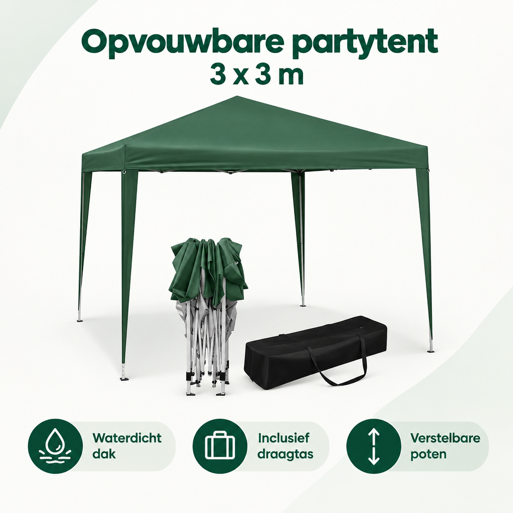 Overzicht van opvouwbare partytent 3x3 met de belangrijkste productvoordelen