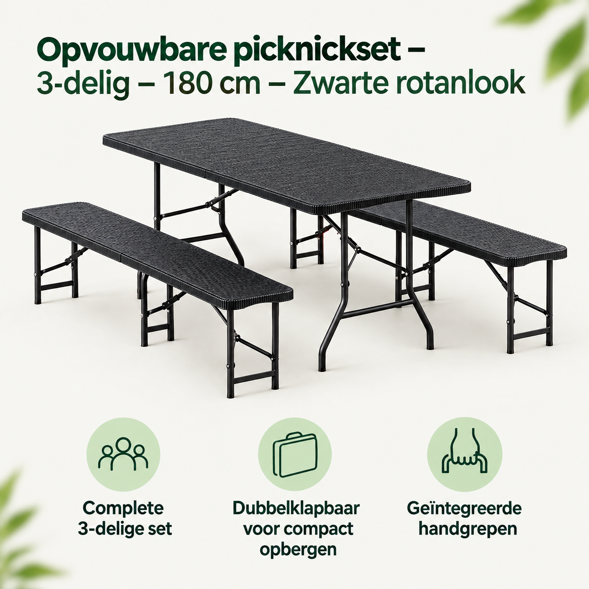 Opvouwbare picknickset van BukkitBow, 3-delig in zwart rotanlook, inclusief tafel en twee stoelen, compact en handig voor buiten.
