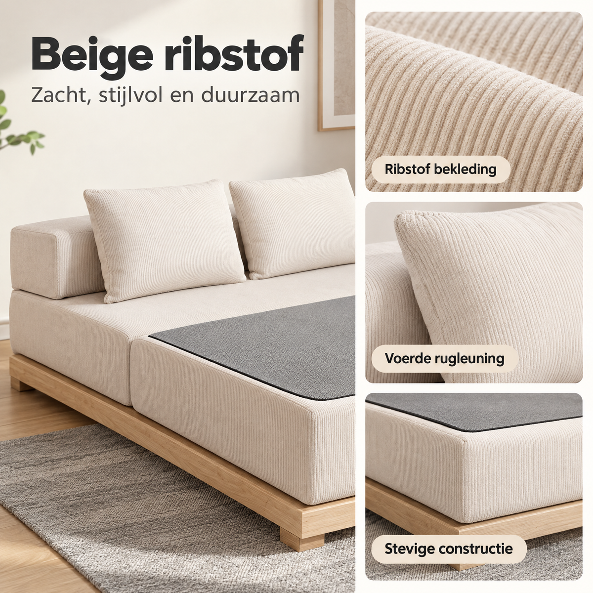 Detail van materiaal en afwerking van opvouwbare slaapbank