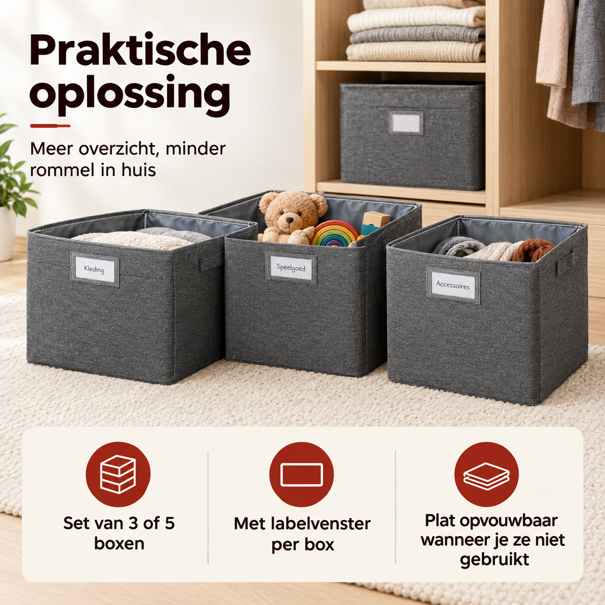 Set van 3 of 5 grijze opvouwbare stoffen opbergboxen van BukkitBow met labelvenster voor overzichtelijk opbergen.
