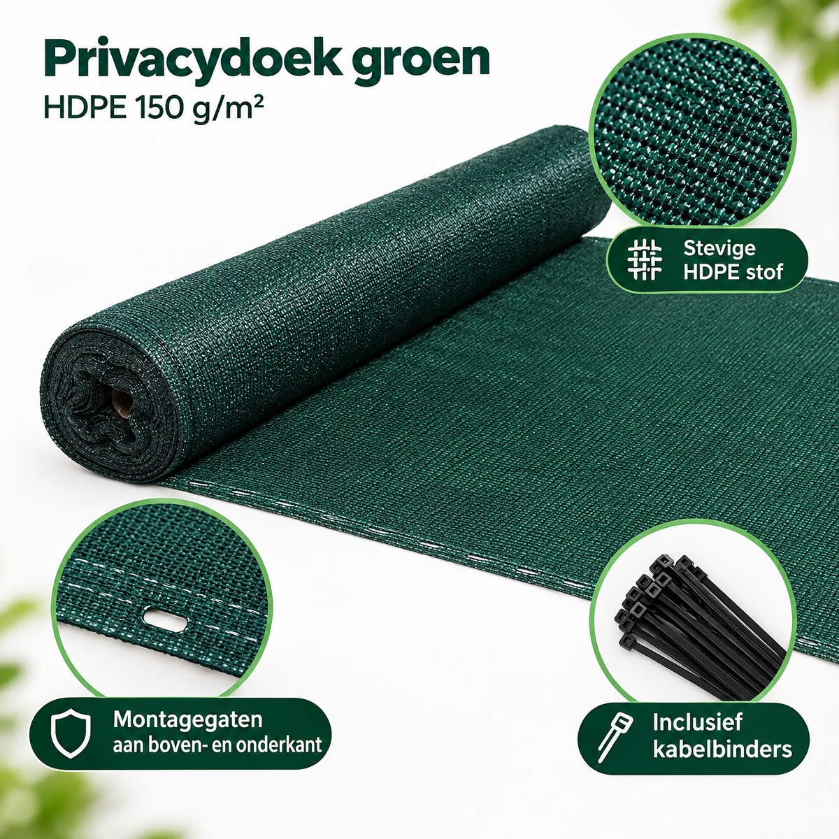 Detail van materiaal en afwerking van privacydoek groen
