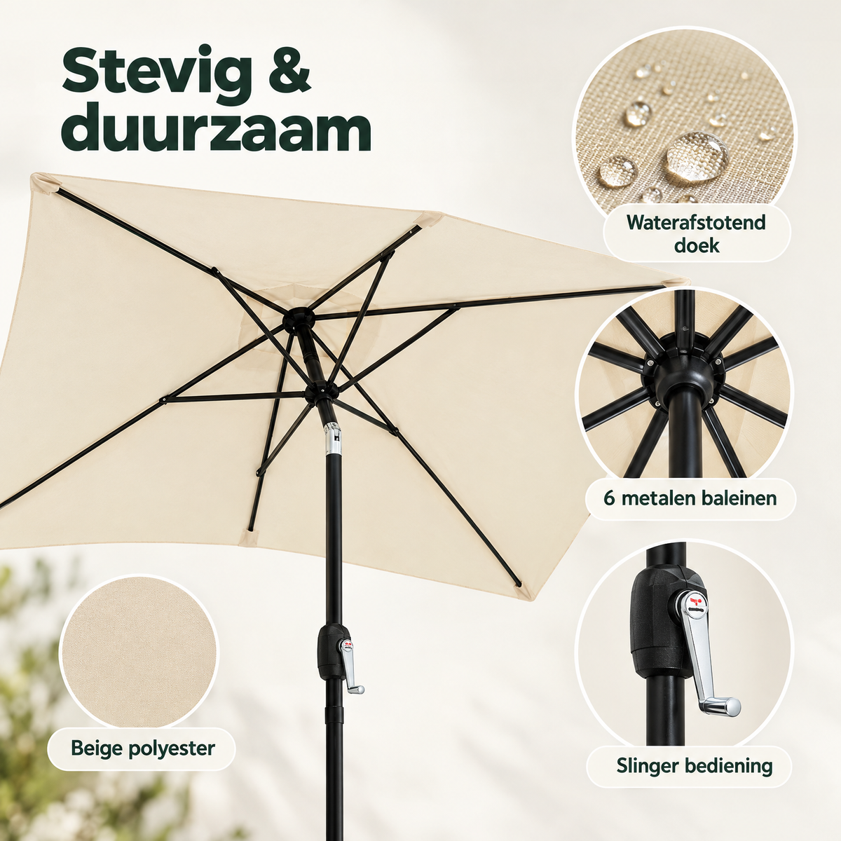 Rechthoekige BukkitBow parasol met slinger, kantelbaar, inclusief draagtas, zichtbaar in close-up met textuur en frame details