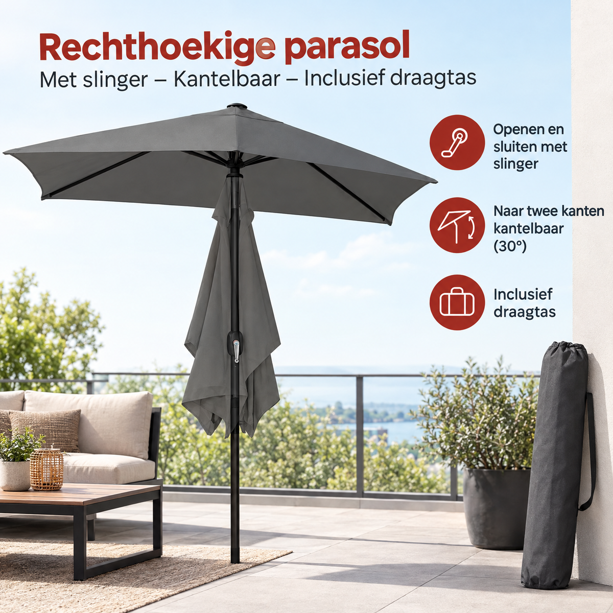 Rechthoekige BukkitBow parasol met slinger, kantelbaar en inclusief draagtas, ideaal voor schaduw en bescherming.