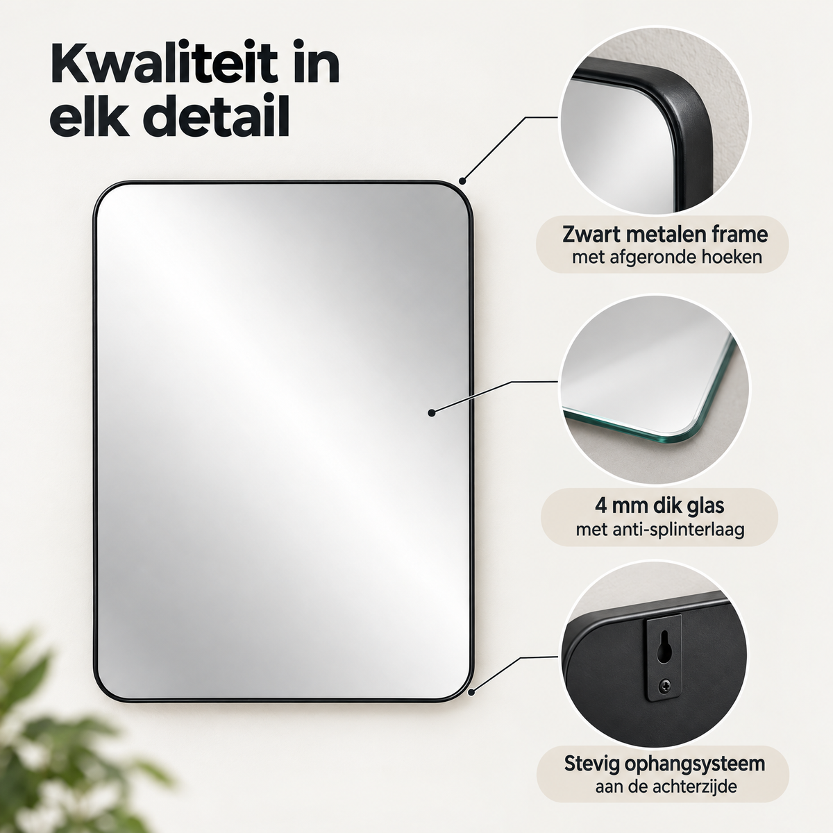 Rechthoekige wandspiegel met zwart metalen frame en afgeronde hoeken, verkrijgbaar in twee maten, door BukkitBow.