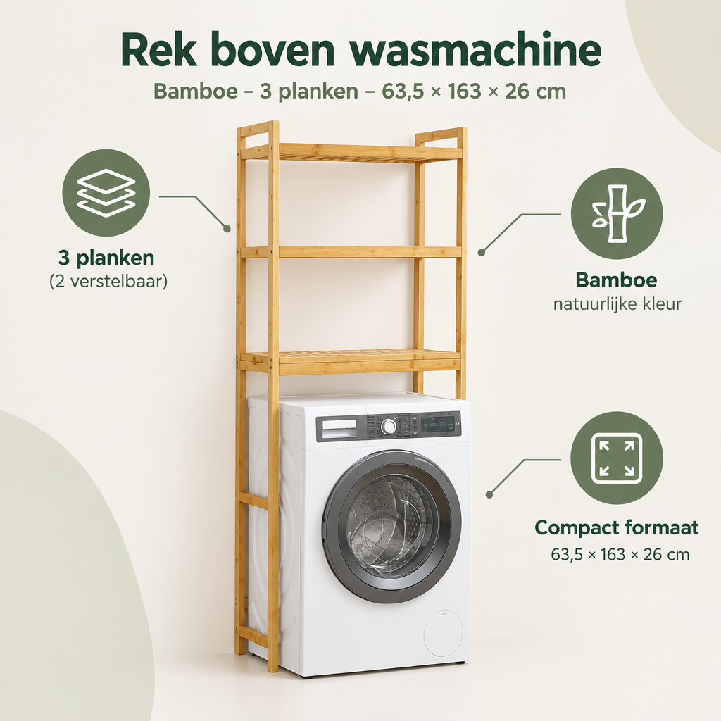 Overzicht van rek boven wasmachine met de belangrijkste productvoordelen