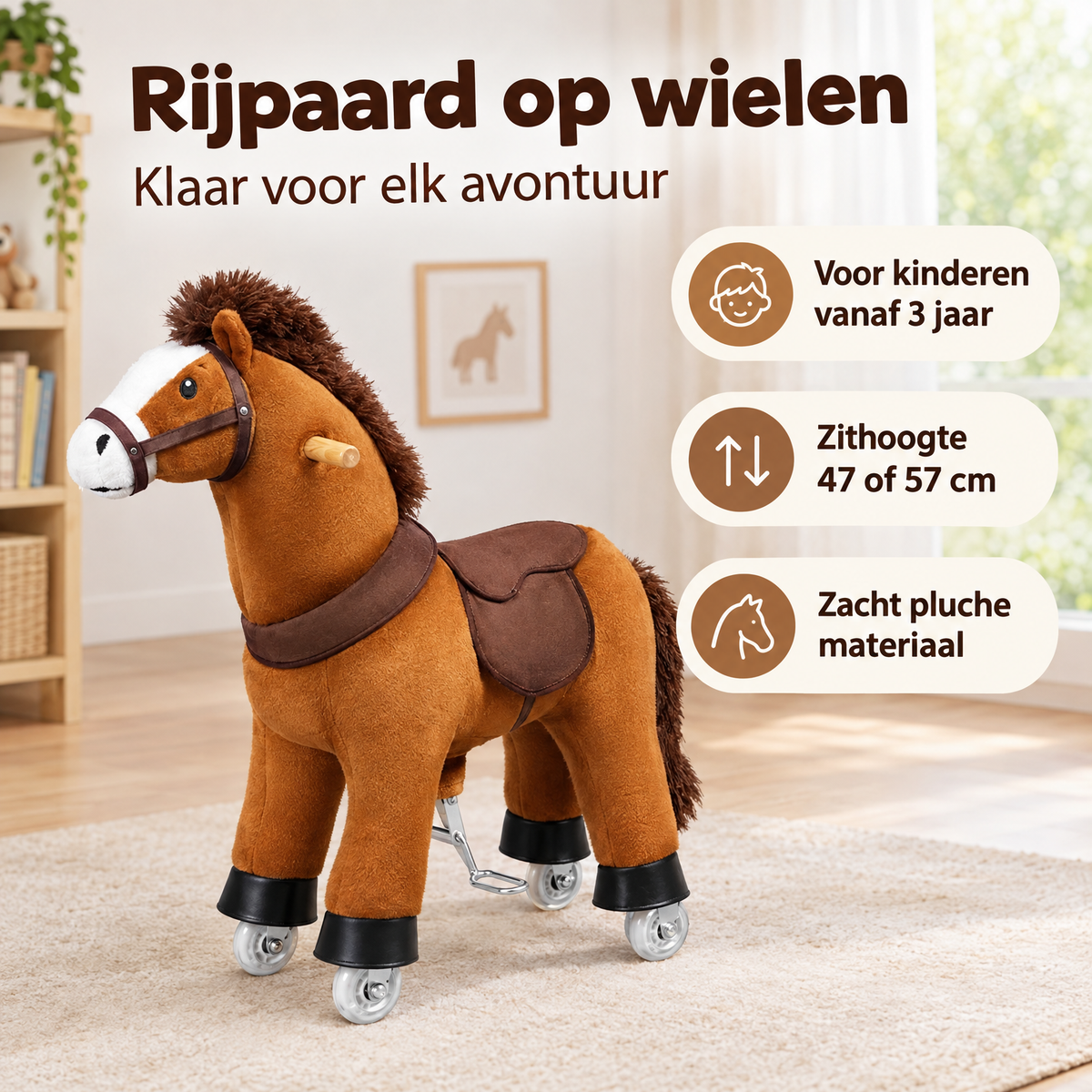 Bruin pluche rijpaard op wielen van BukkitBow met geluid, geschikt voor kinderen, in twee maten, speels en comfortabel.