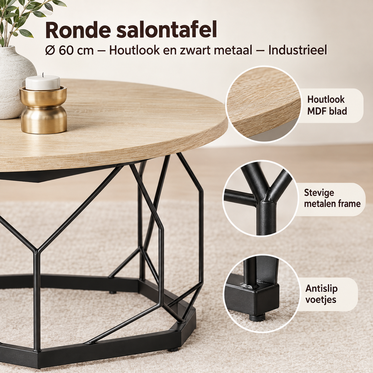 Detail van materiaal en afwerking van ronde salontafel