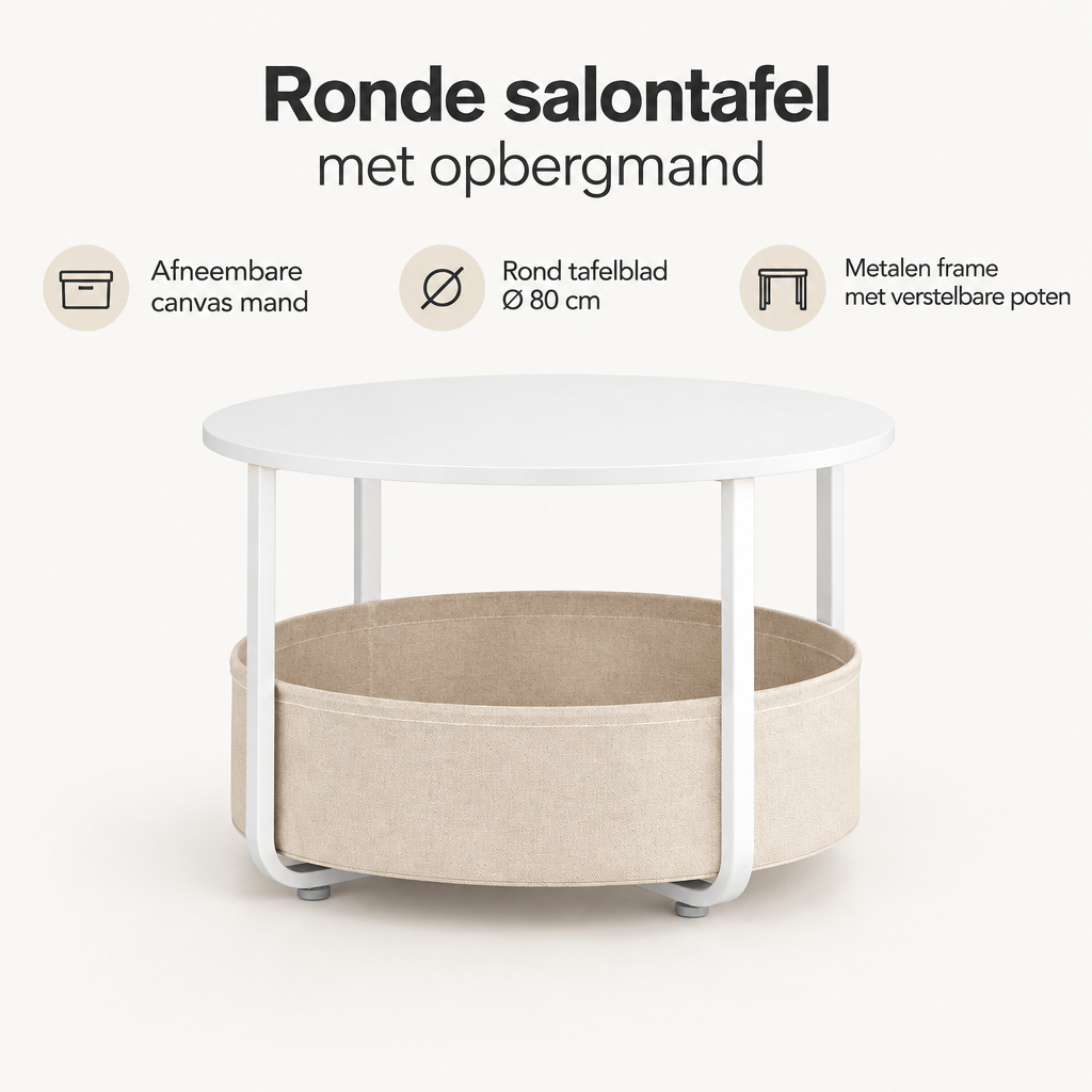 Ronde salontafel met opbergmand van BukkitBow, Ø 80 cm, metalen frame en afneembare canvas mand voor extra opbergruimte.