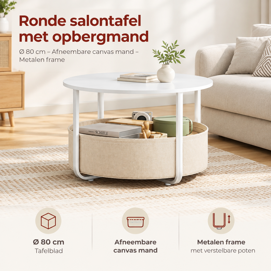 Ronde salontafel met opbergmand van BukkitBow, Ø 80 cm, metalen frame en afneembare canvas mand voor praktische opbergruimte.