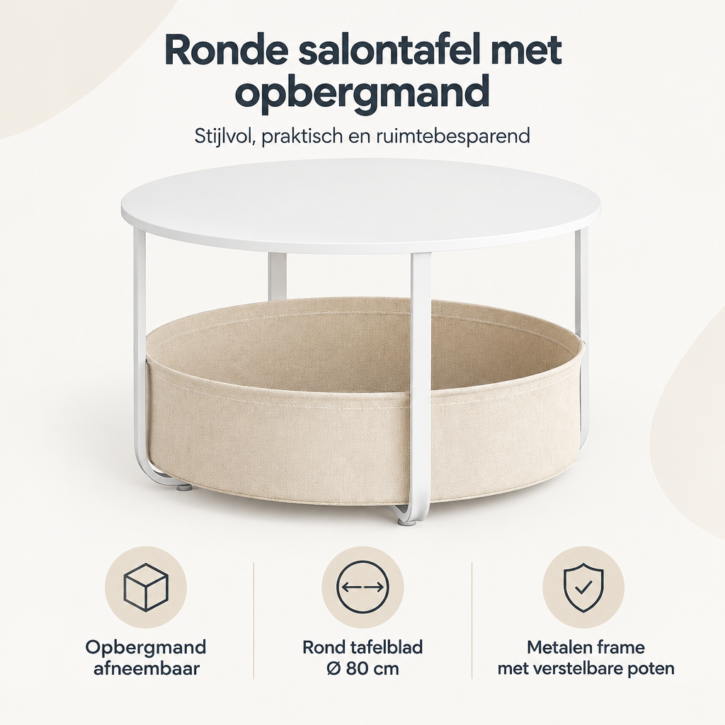 Ronde salontafel met opbergmand van BukkitBow, Ø 80 cm, metalen frame en afneembare canvas mand voor stijlvolle opbergruimte.