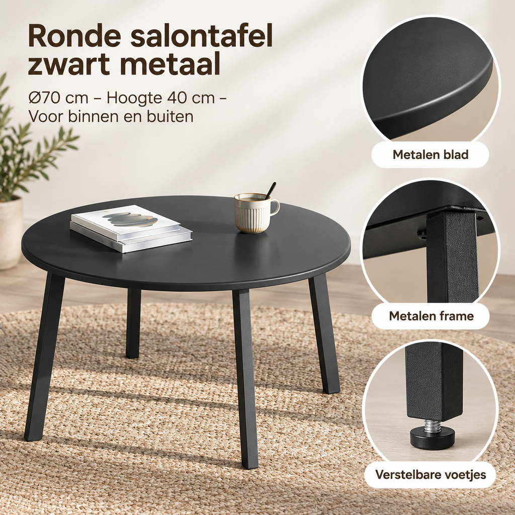 Detail van materiaal en afwerking van ronde salontafel zwart metaal