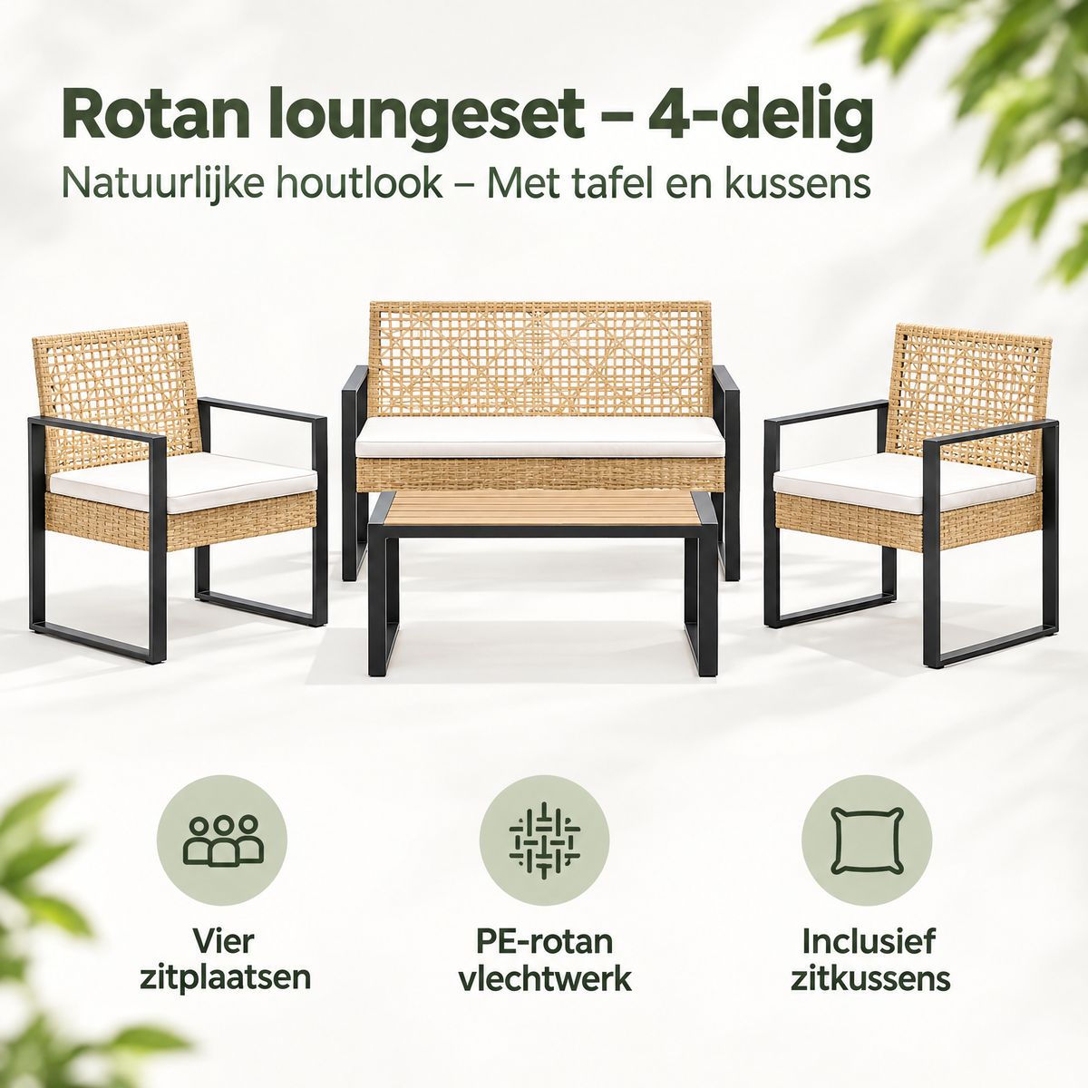 4-delige rotan loungeset van BukkitBow met natuurlijke houtlook, inclusief tafel en comfortabele kussens voor buitengebruik