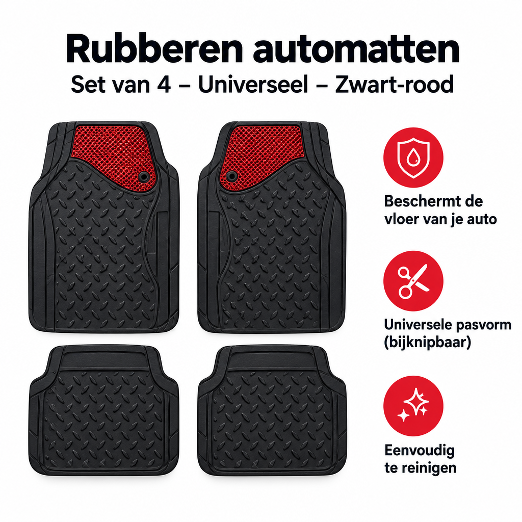 Set van 4 zwarte en rode rubberen automatten van BukkitBow, universeel passend voor auto-interieur.