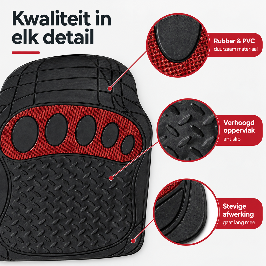 Set van 4 zwarte en rode rubberen automatten van BukkitBow, universeel passend, gedetailleerde weergave van het materiaal