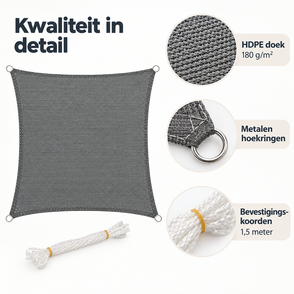 Detail van materiaal en afwerking van schaduwdoek waterdoorlatend