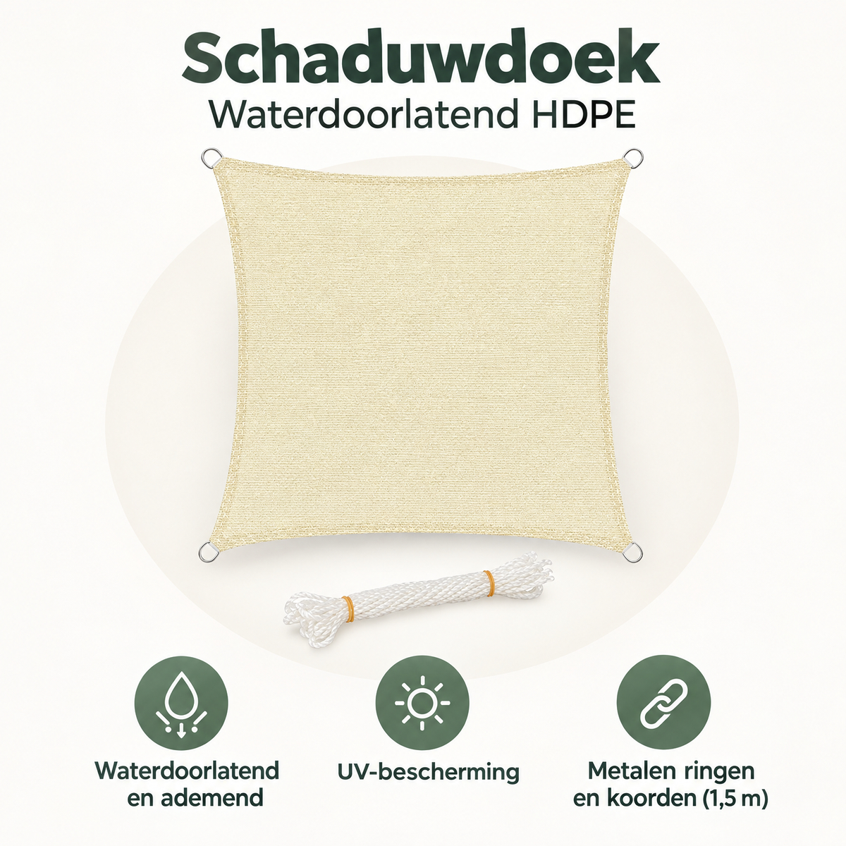 Overzicht van schaduwdoek waterdoorlatend met de belangrijkste productvoordelen