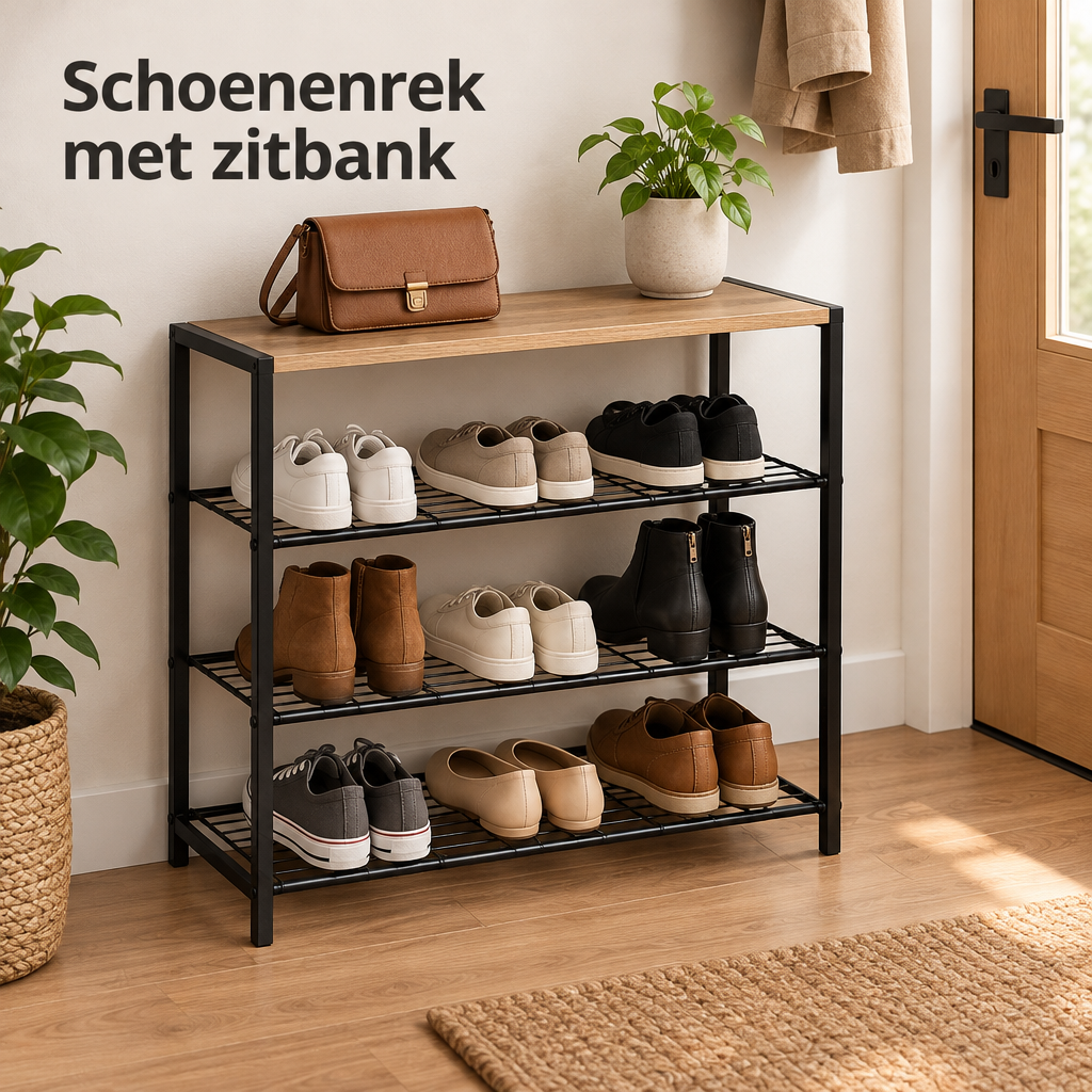 schoenenrek met zitbank in gebruik in een passende praktijksituatie