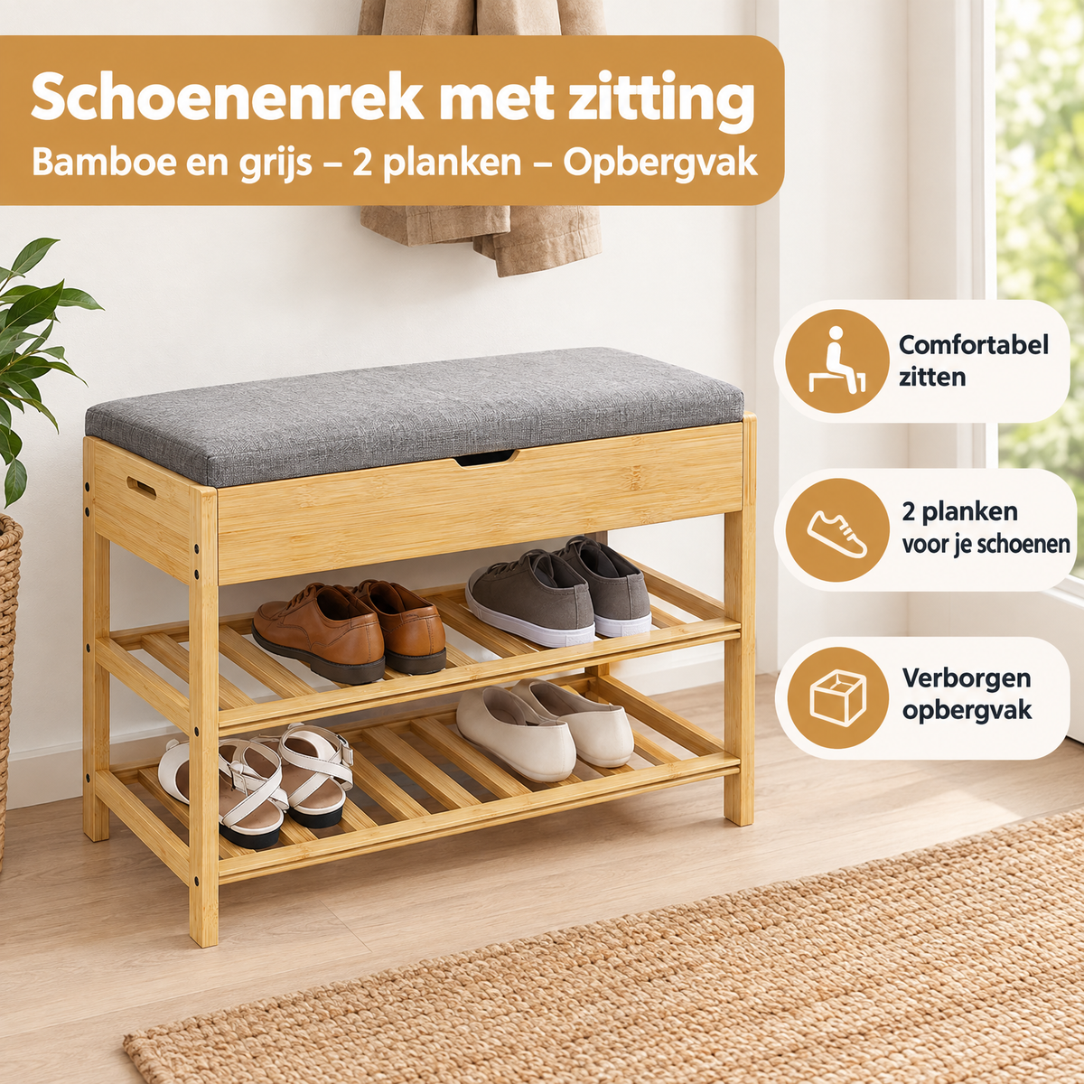 Praktische toepassing en keuzehulp voor schoenenrek met zitting