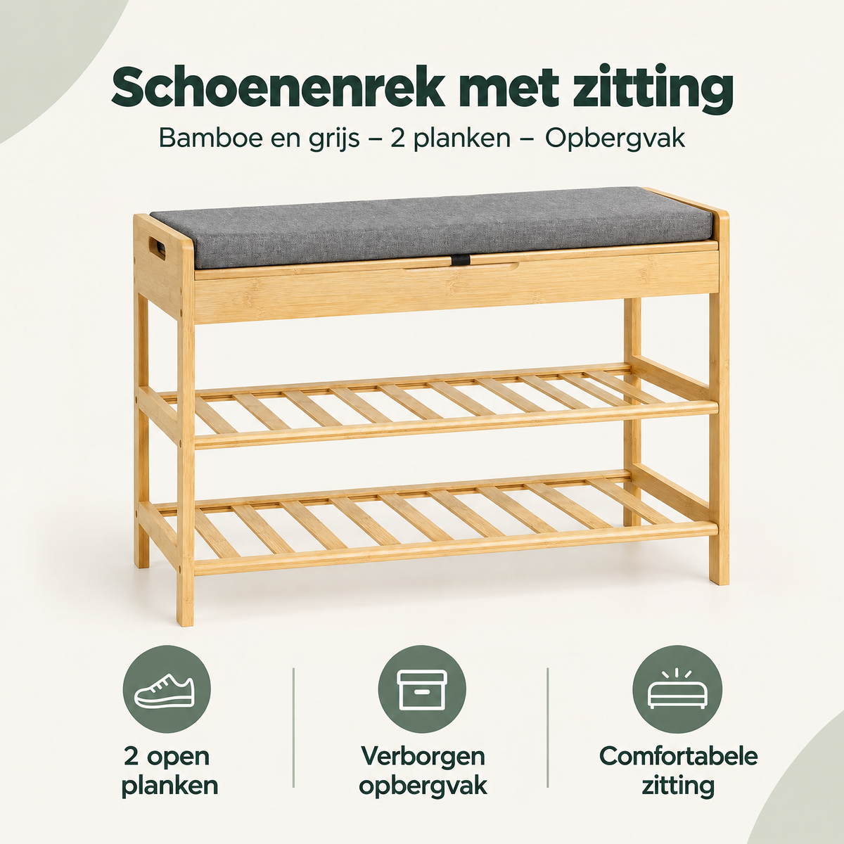 Overzicht van schoenenrek met zitting met de belangrijkste productvoordelen