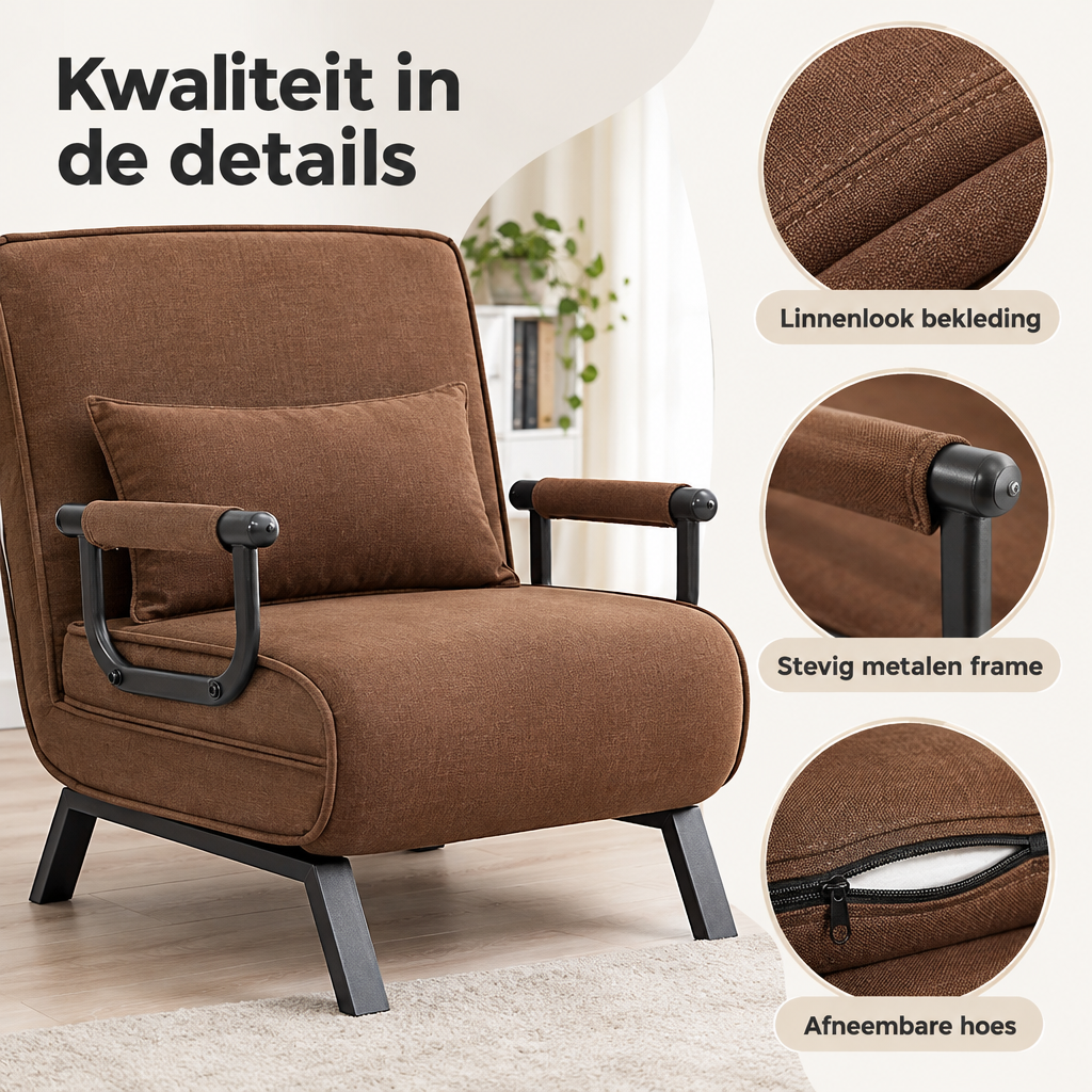 BukkitBow slaapstoel 3-in-1 uitklapbaar met 5 rugstanden en bedlengte 184 cm, close-up van het materiaal en afwerking