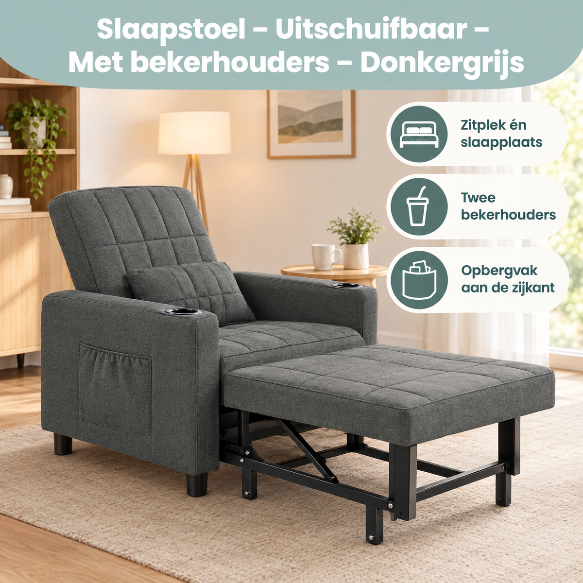 Donkergrijze BukkitBow slaapstoel met uitschuifbare functie en bekerhouders, ideaal voor comfortabel ontspannen en slapen.