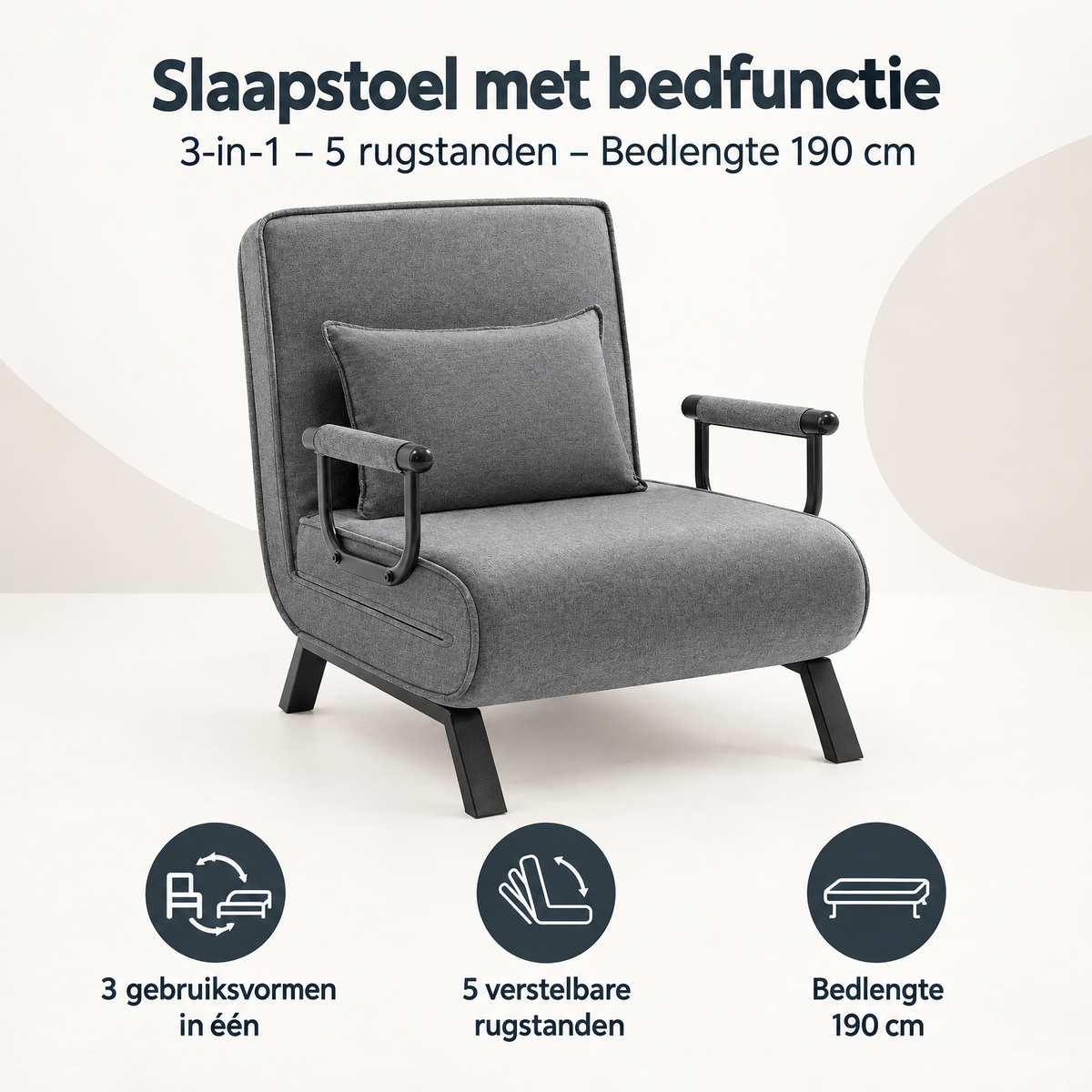 BukkitBow slaapstoel met bedfunctie, 3-in-1, 5 rugstanden en 190 cm bedlengte, overzicht van kernvoordelen
