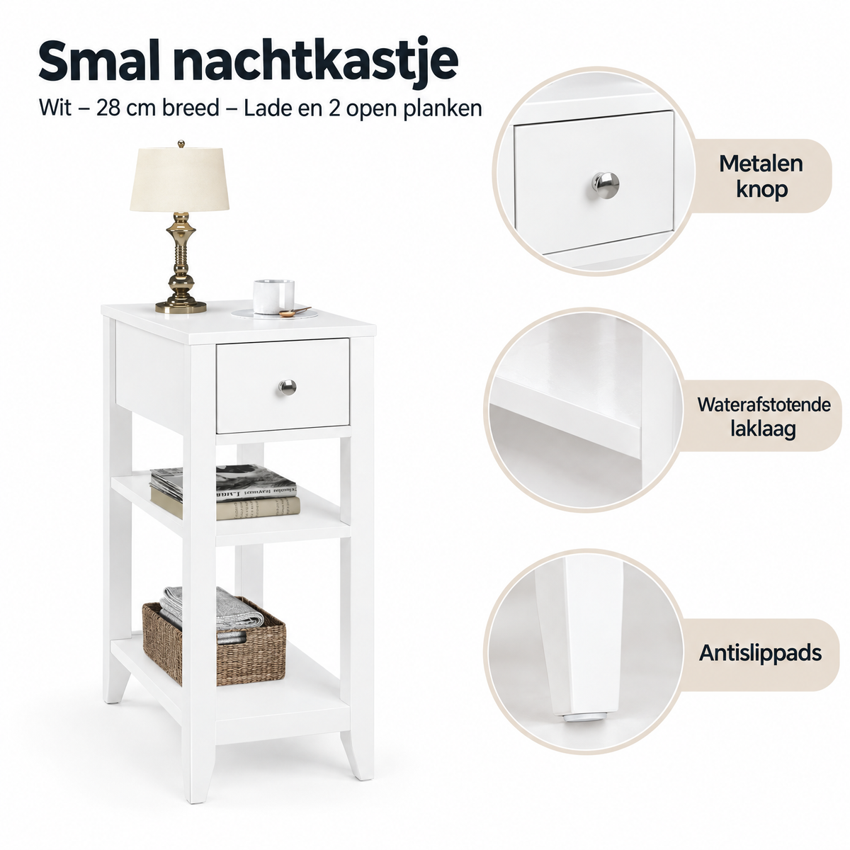 Wit klein nachtkastje van BukkitBow met lade en twee open planken, 28 cm breed, gedetailleerd houtmateriaal zichtbaar