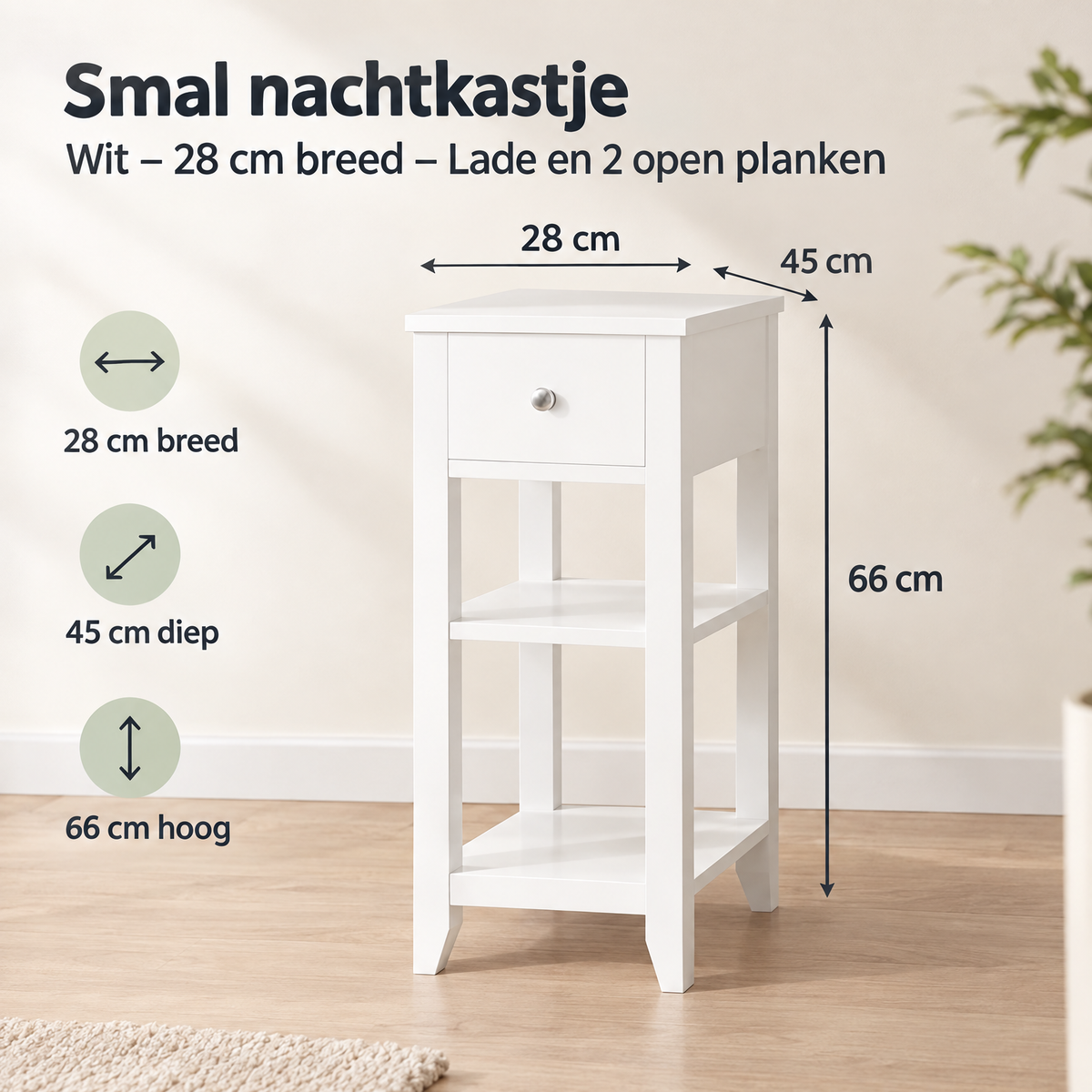 Wit smal nachtkastje van BukkitBow, 28 cm breed met lade en 2 open planken voor slaapkameropbergruimte