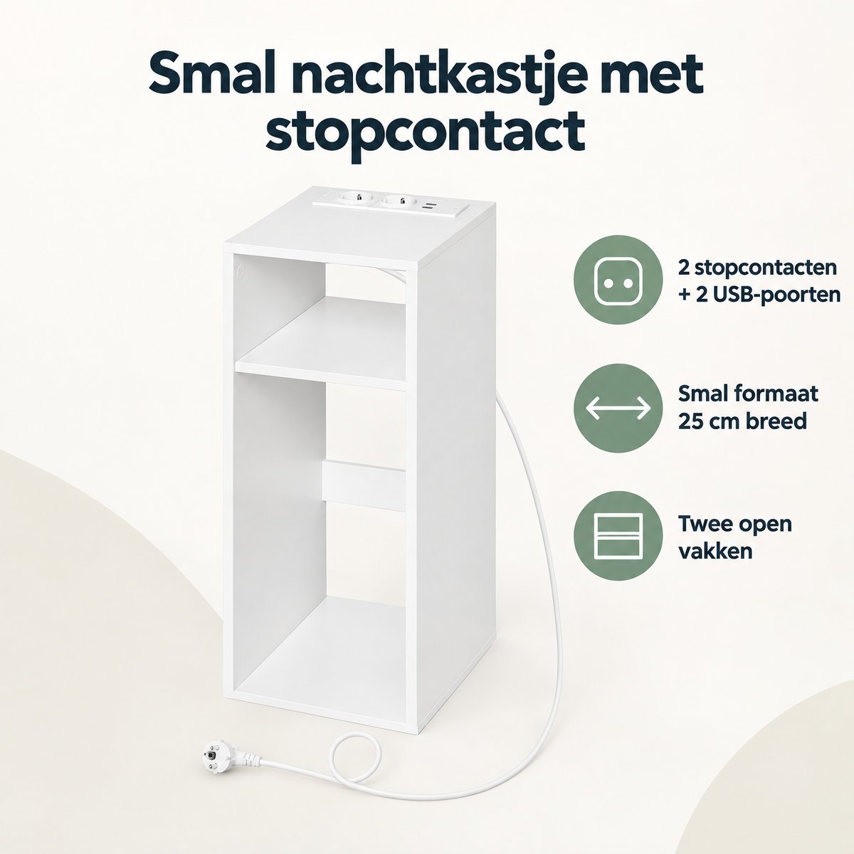 Wit smal nachtkastje met stopcontact en 2 USB-poorten, 25 cm breed, van BukkitBow, geschikt voor naast het bed.