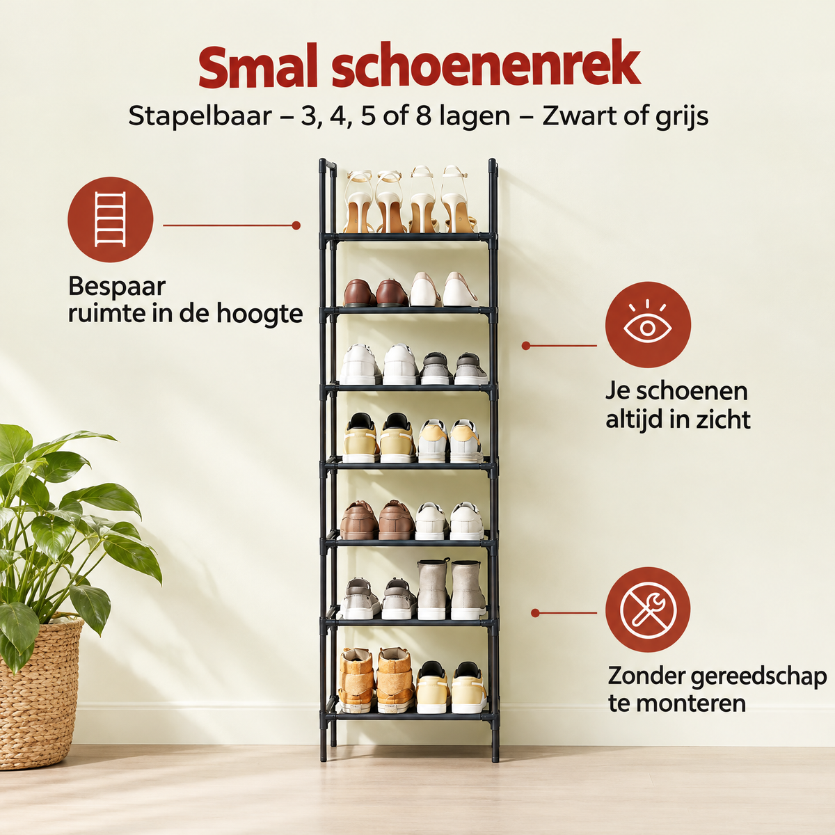 Belangrijkste voordelen en eigenschappen van smal schoenenrek