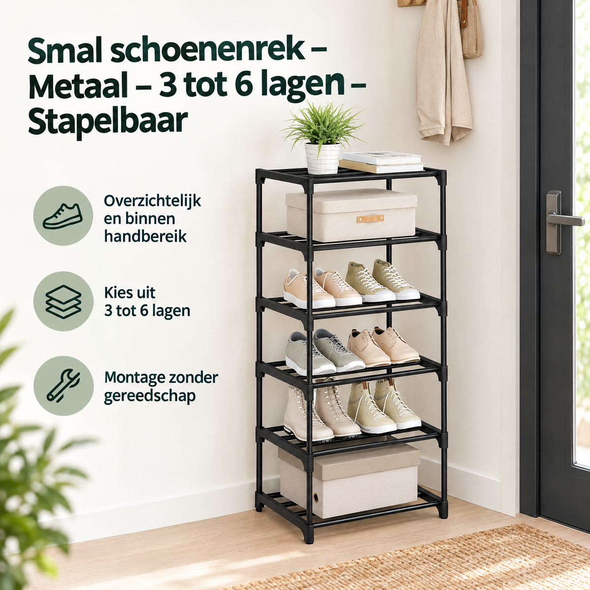 Praktische toepassing en keuzehulp voor smal schoenenrek