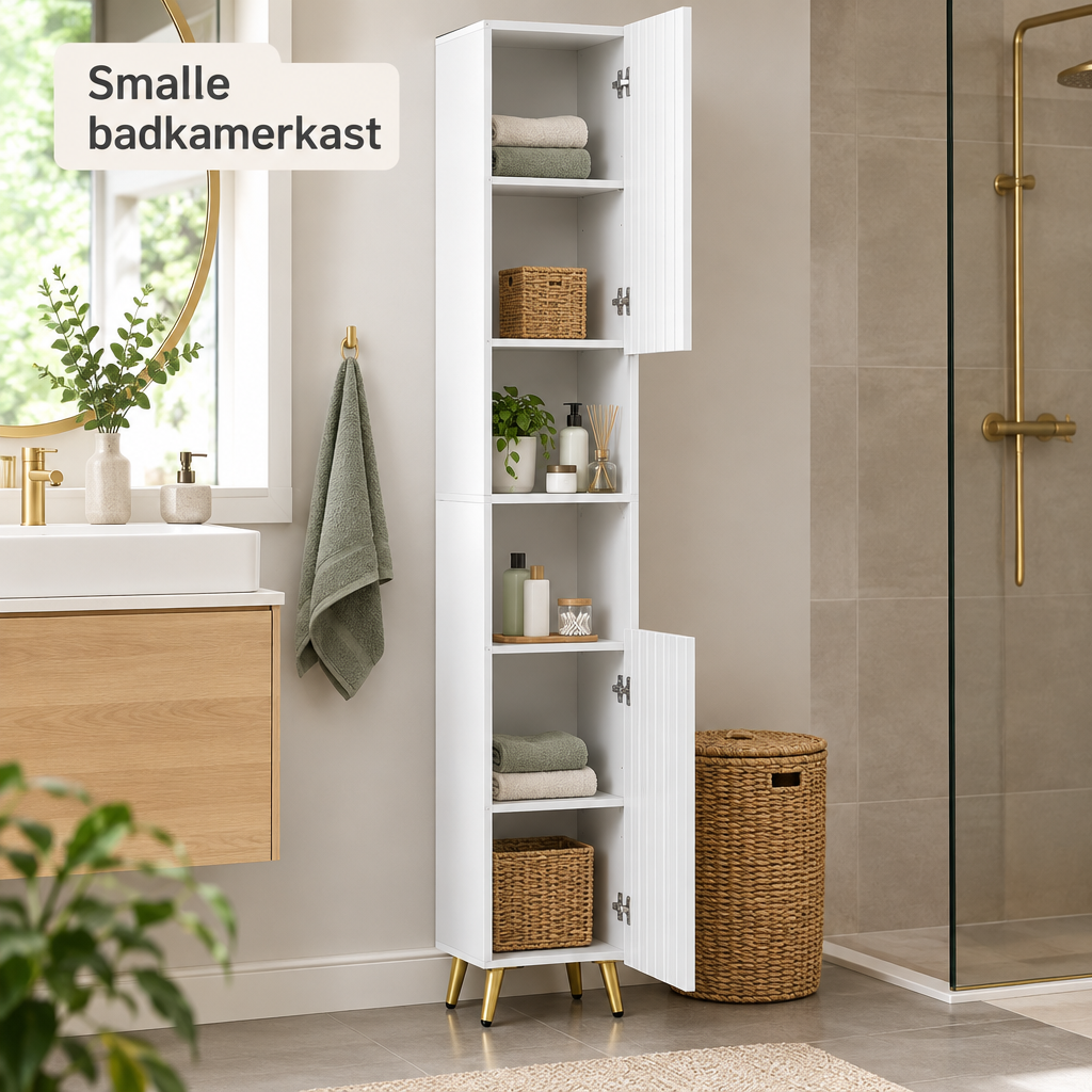 Witte smalle badkamerkast van BukkitBow met verstelbare planken en afmetingen 30x28x180 cm, geschikt voor compacte badkamers.