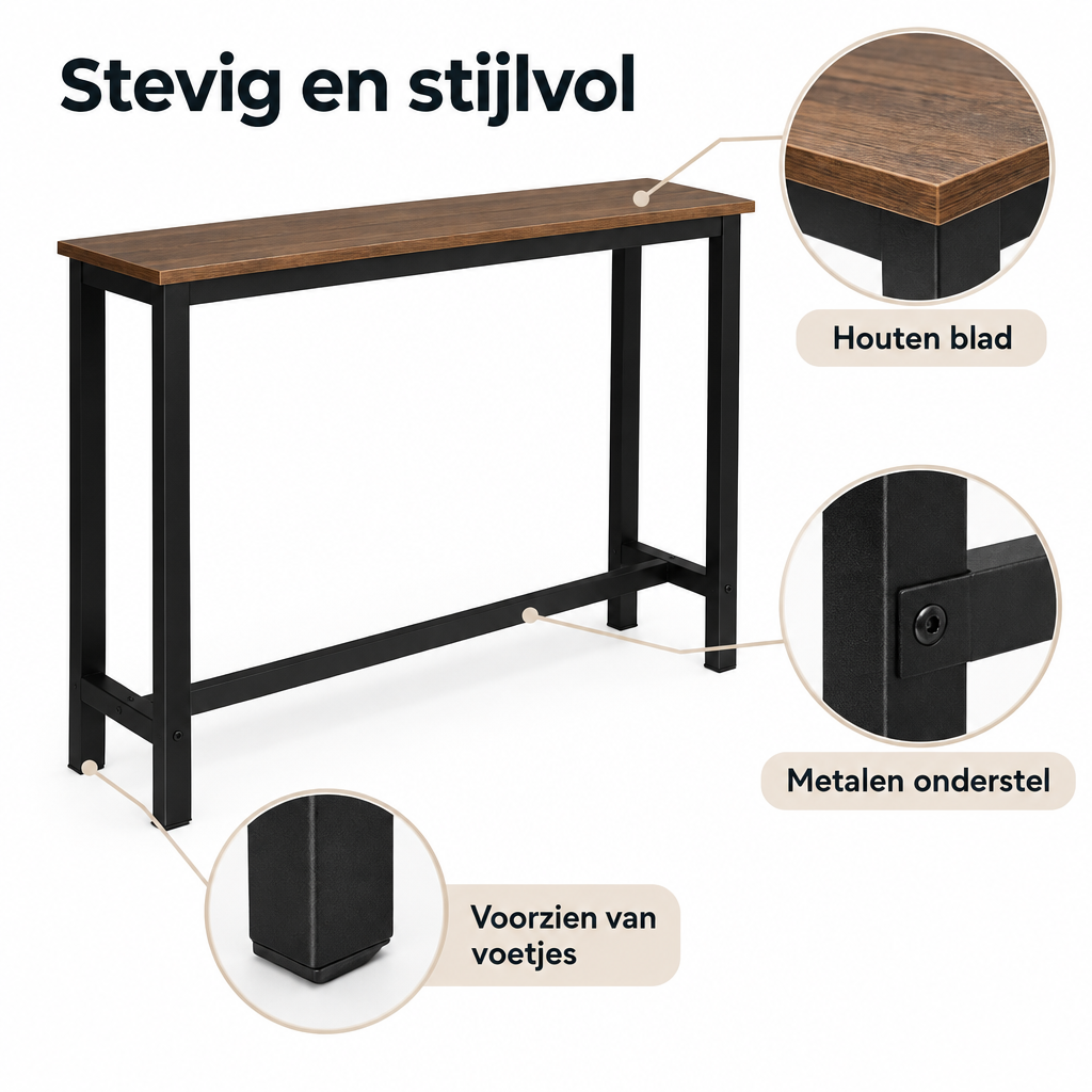 Detail van materiaal en afwerking van smalle bartafel 140 cm