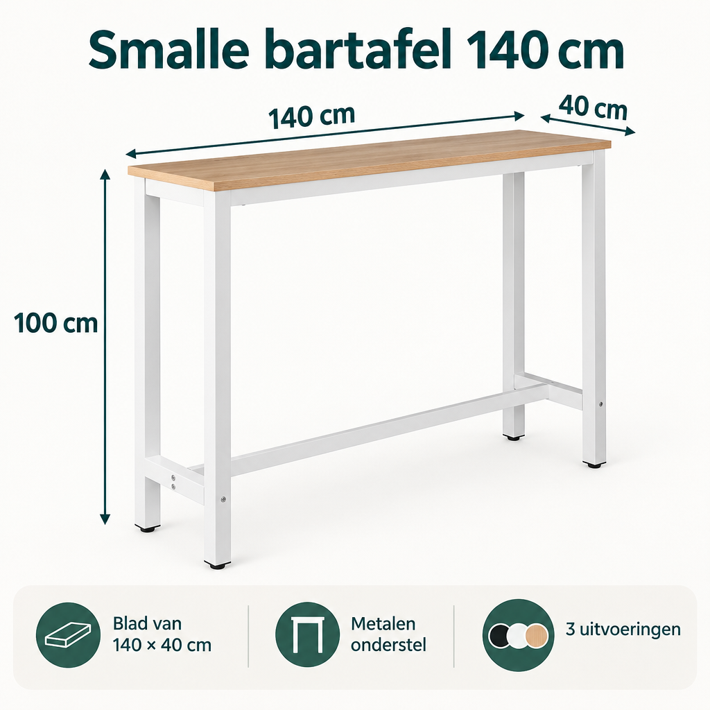 Afmetingen en productspecificaties van smalle bartafel 140 cm