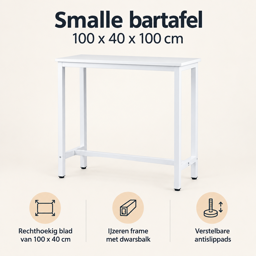 Overzicht van smalle bartafel met de belangrijkste productvoordelen