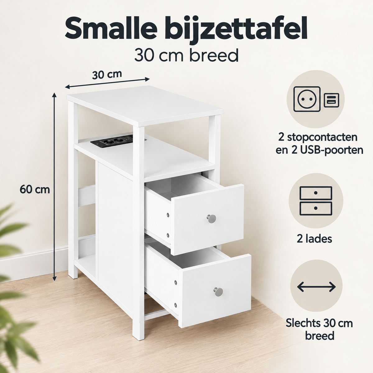 Afmetingen en productspecificaties van smalle bijzettafel